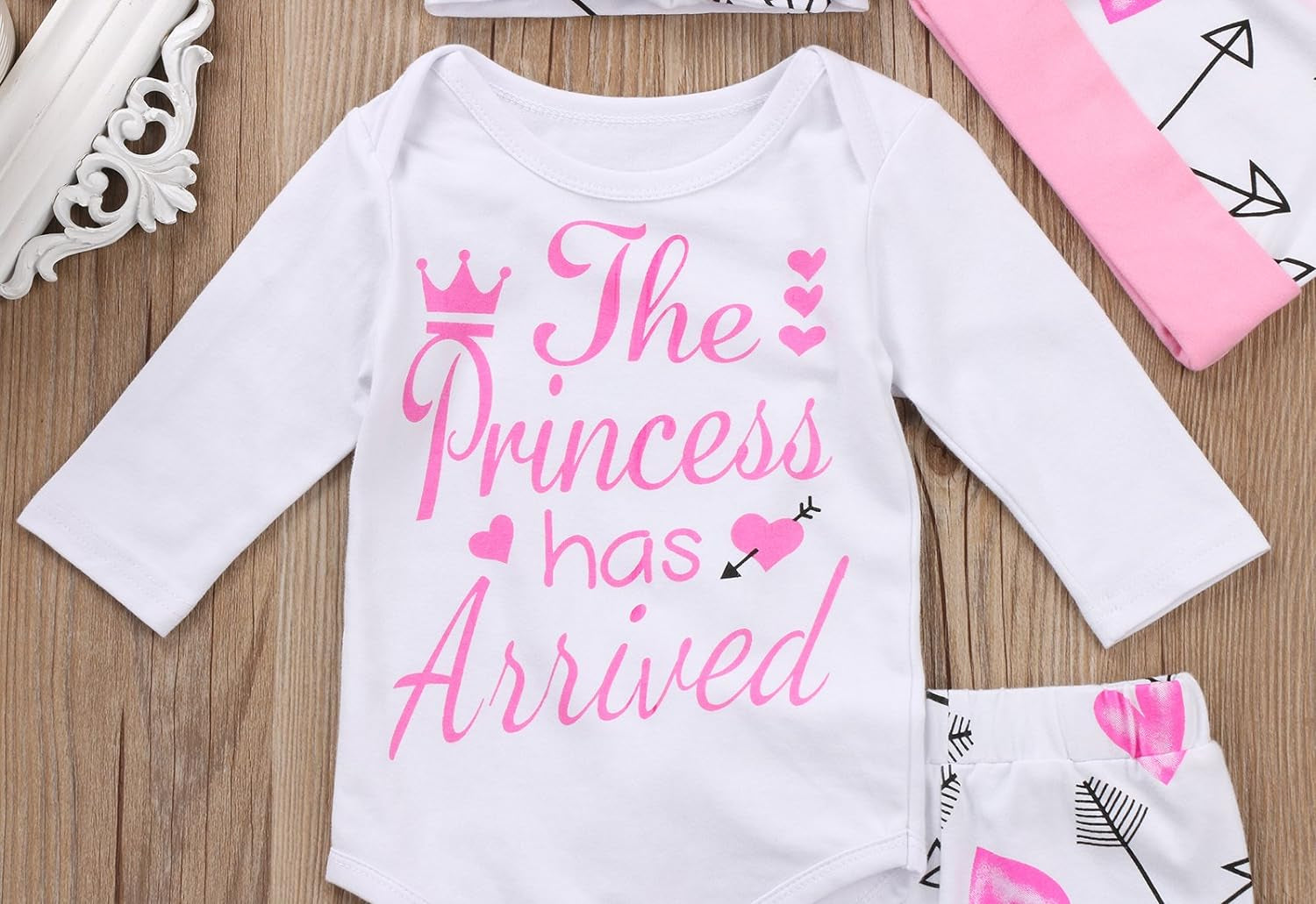 4 Pcs Baby Girls Pants Set Newborn Infant Toddler Letter Romper Arrow Heart Pants Hats Headband Clothes