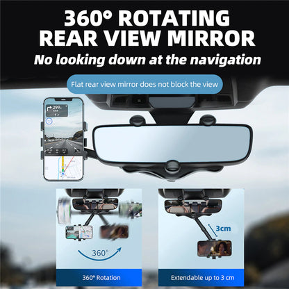 360° Car Rearview Mirror Phone Holder for Car Mount Phone and GPS Holder Support Rotating Adjustable Telescopic Phone Stand