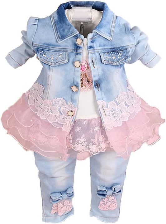 Baby Girls Denim Clothing Sets 3 Pieces Sets T Shirt Denim Jacket and Jeans