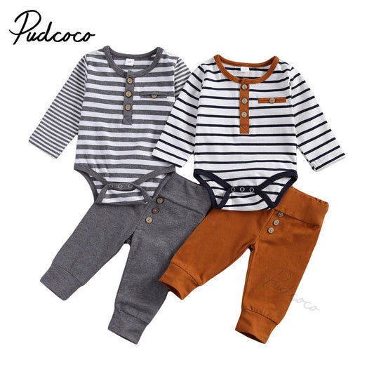 2Pcs Baby Girl Boy Casual Suit, round Neck Long Sleeve Stripe Romper Solid Color Button Decoration Loose Trousers Spring Autumn